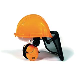 CASCO MOTOSIERRA CON PROTECTORES ACUSTICOS. NORMATIVA ANSI S3.19 Y Z87.1  EN 166 3B 1730F 397:1995