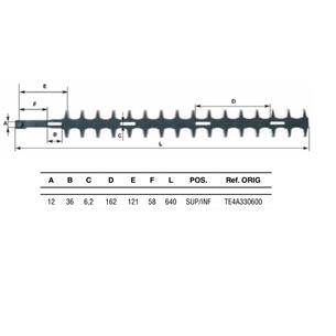 CUCHILLA DOBLE , A12-B36-C6,2-D162-E121-F58-L640-SUP/INF, HT2124, 123HD60, 123HD65, HTO-600L/LR