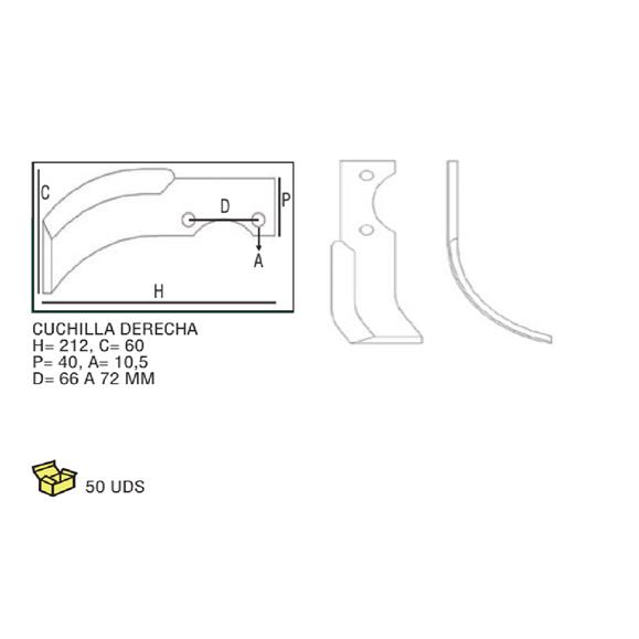 CUCHILLA DCHA. H=212 C=60 P=40 A=10,5 D=66-72 MM