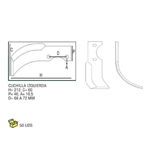 CUCHILLA IZDA. H=212 C=60 P=40 A=10,5 D=66-72 MM
