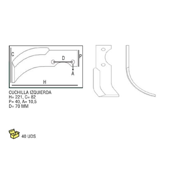 CUCHILLA IZDA. H=221 C=82 P=40 A=10,5 D=70 MM