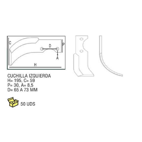 CUCHILLA IZDA. H=195 C=59 P=30 A=8,5 D=65 A 73 MM